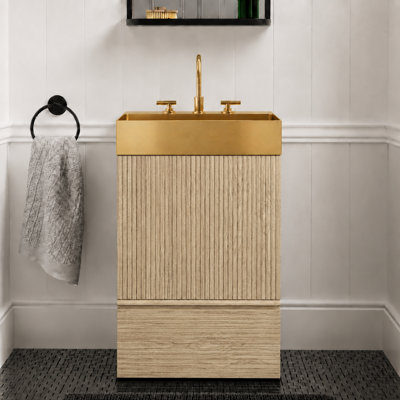 Meuble-lavabo rayé en chêne clair 20 po avec lavabo vasque en métal doré brossé intégré, armoire de salle de bain autoportante pour salle de bain moderne, lavabo en métal doré une pièce sans robinet, KD