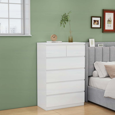 Commode blanche 2 + 4 tiroirs, commode de rangement moderne sans poignée avec 2 petits et 4 grands tiroirs, conception minimaliste pour un assemblage facile