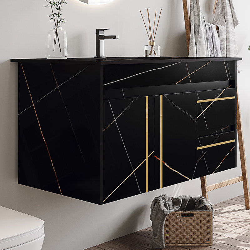 Meuble-lavabo flottant avec lavabo et plateau en faux marbre