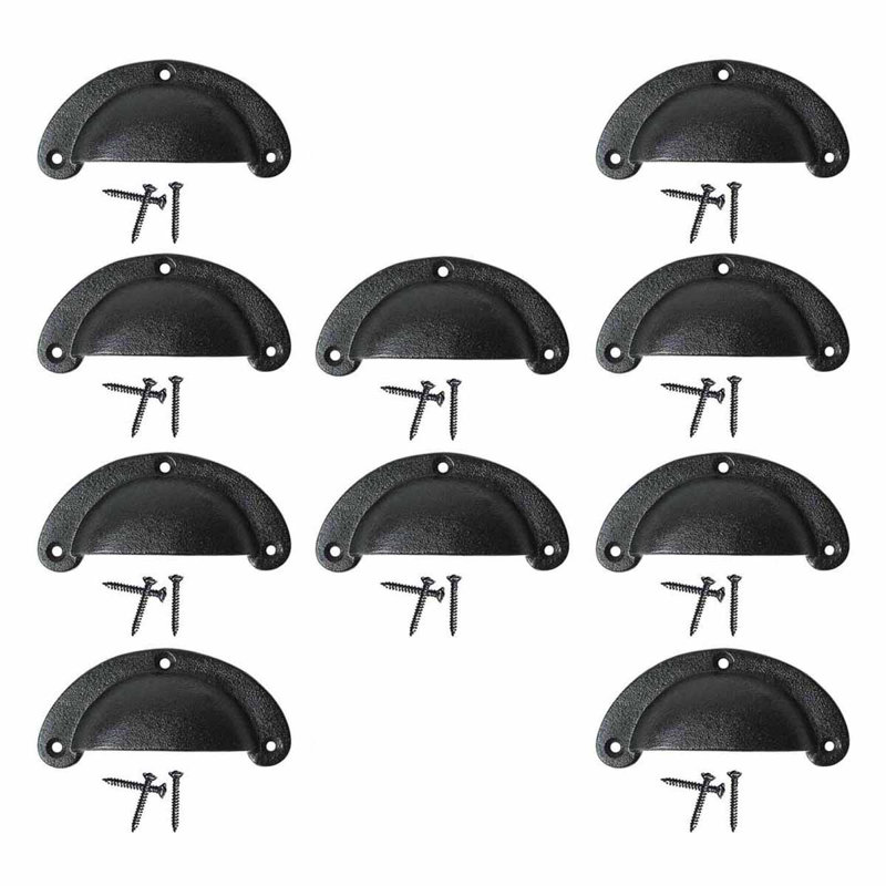Antique Black Iron Cup Cabinet Pulls with Mounting Hardware, Set of 10