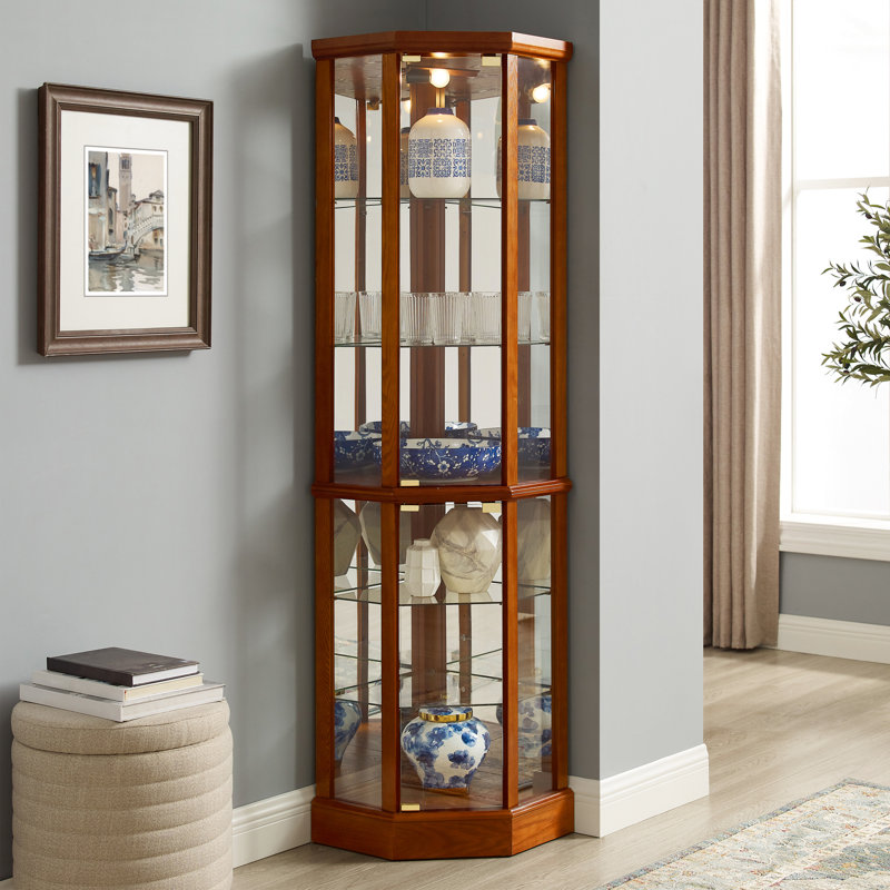 Vitrine ajustable en verre avec miroir, H 24,15 po x l 18,85 po x P 69,46 po, Chêne