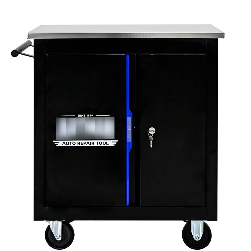 Chariot à outils noir et bleu avec comptoir en acier inoxydable et poignée à verrou multiple de 28,94 po de hauteur
