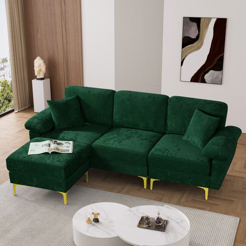 91" L Shaped Velvet Sectional Sofa with Chaise Pillows and Gold Metal Legs, Emerald Green Polyester