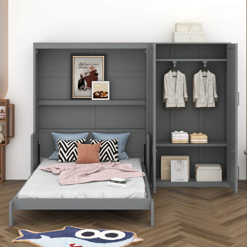 Grand lit escamotable mural avec placard, gris