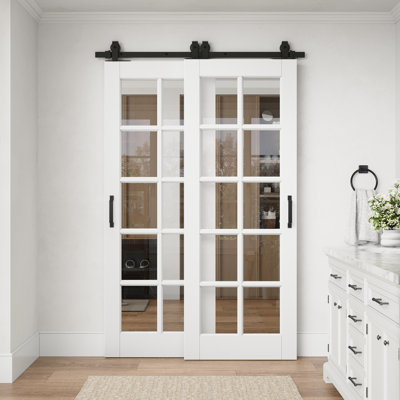 Porte standard préfinie en verre clair à 10 carreaux de 48 po x 80 po avec ensemble de quincaillerie pour porte coulissante de style grange pour garde-manger