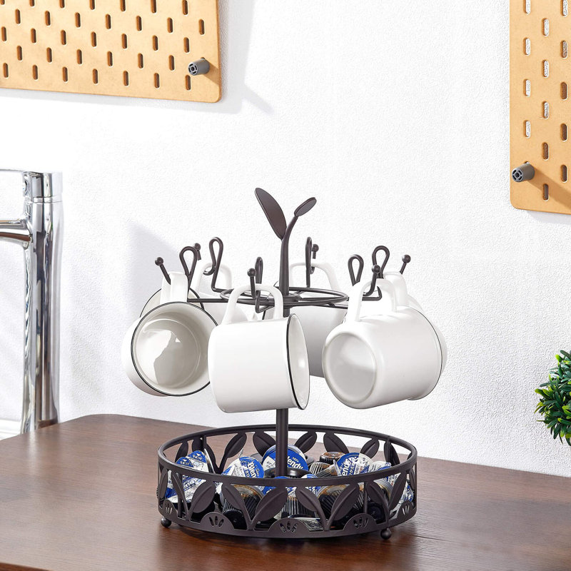 Mug Tree Countertop, Rotatable Mug Holder Stand, Coffee Pod Holder With Mug Rack, Coffee Mug Rack With 6 Hooks For Coffee Bar Counter Cabinets And Kitchen Organizer