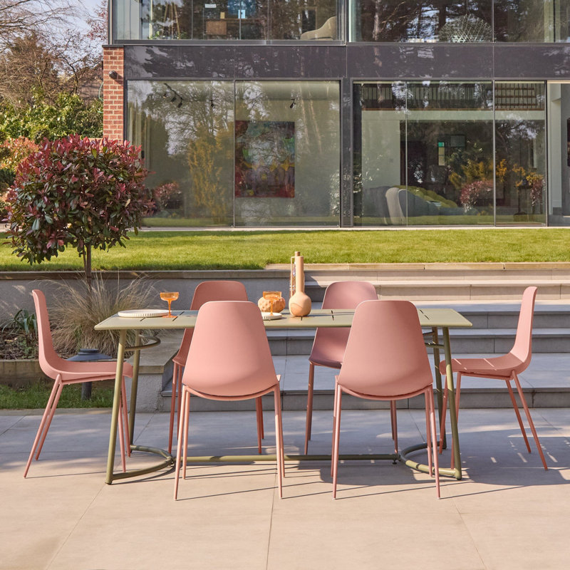 6 Seater Metal Garden Dining Set Chairs , Green/Pink