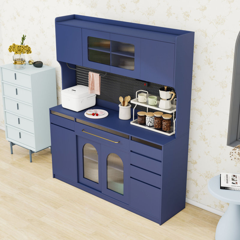 Buffet avec prise de courant, tiroirs de rangement, armoire et tablettes, Bleu