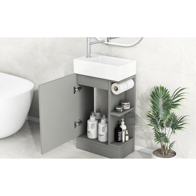 Meuble-lavabo gris 18,6 po avec planche et lavabo en céramique, tablette coulissante, Gray