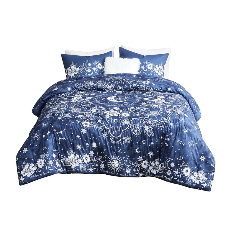 Navy Comforter Full/queen - With Celestial Print And Filling With Features, Full/Queen Comforter + 3 Additional Pieces