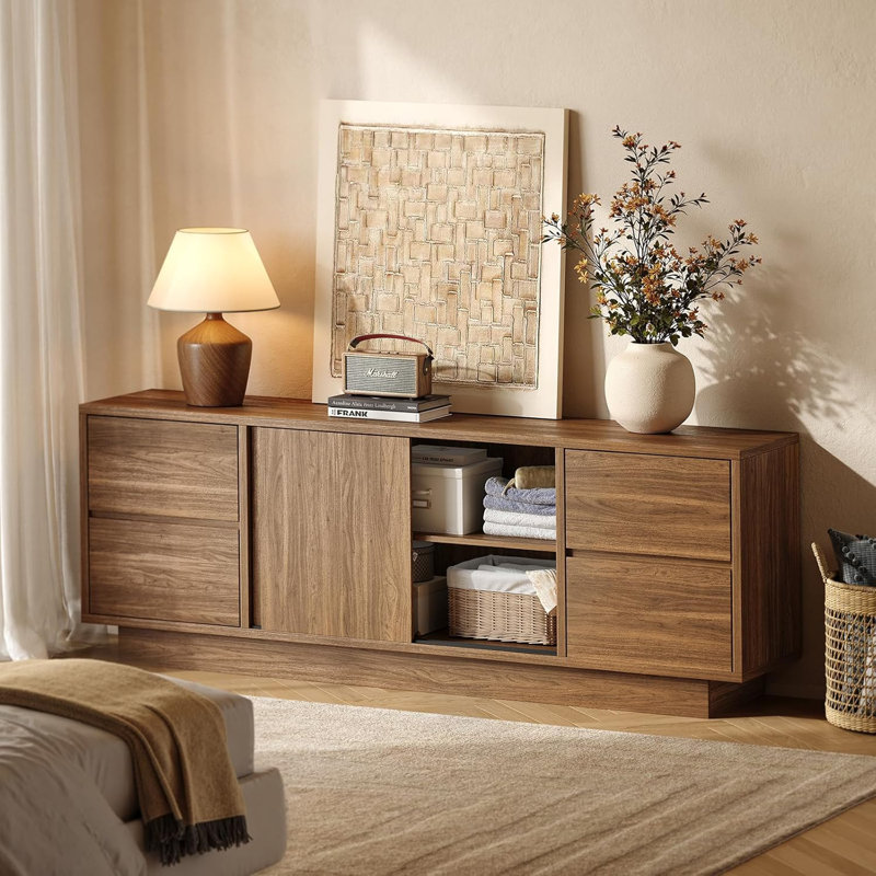 71 '' Tv Stand For Tvs Up To 75/80'', Wood Entertainment Center With Sliding Doors And Drawers