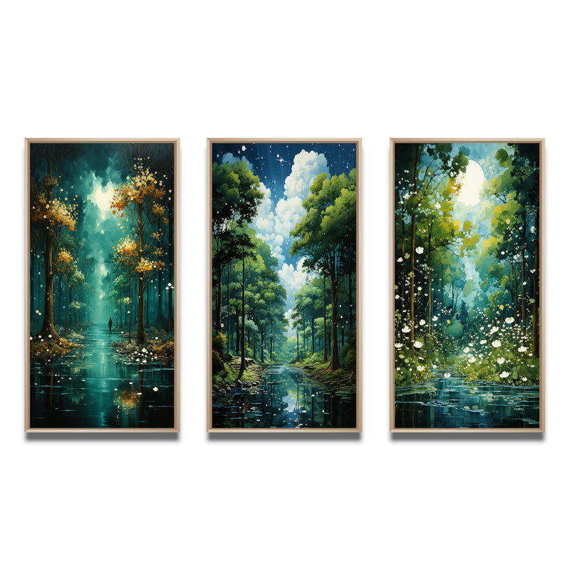 «Solitude In Forest Of Emerald», 3 pièces sur toile, Encadré naturel, H 28 po x l 36 po