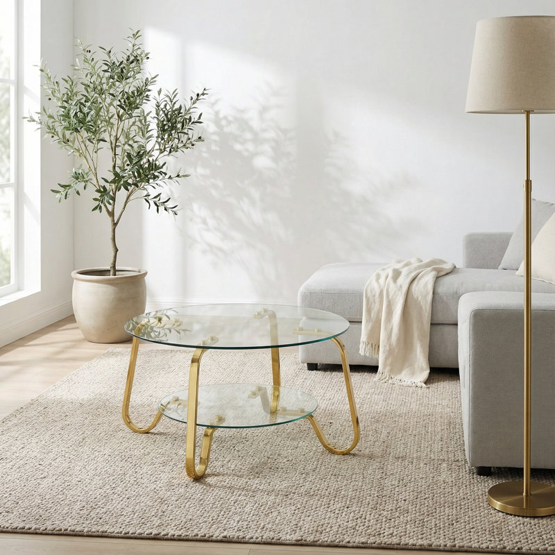 Table basse carrée rétro en verre trempé à structure double en métal avec design élégant, Gold
