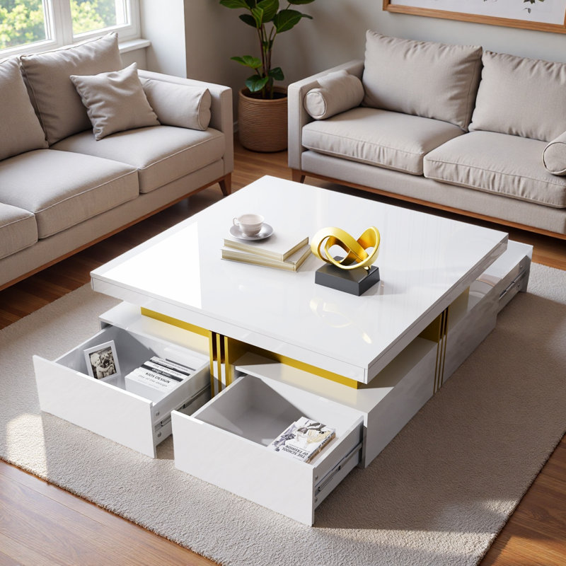 Table basse moderne carrée avec 4 tiroirs, Blanc