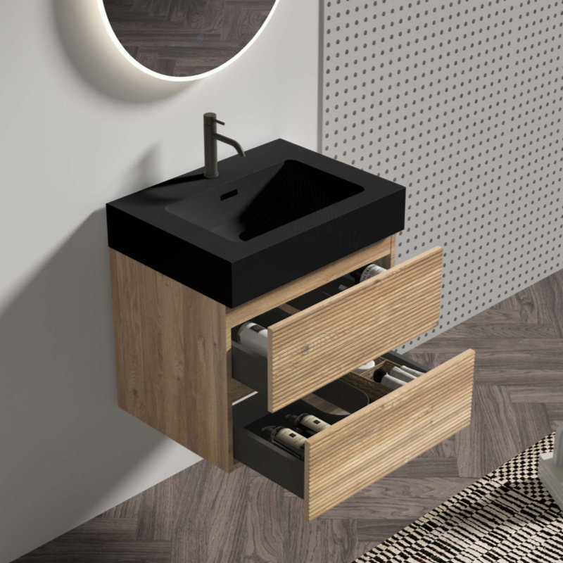 Meuble-lavabo de salle de bain avec lavabo à quartz d'ingénierie et tiroirs souples, meuble-lavabo mural flottant pour salle de bain moderne, lavabo une pièce sans drain ni robinet
