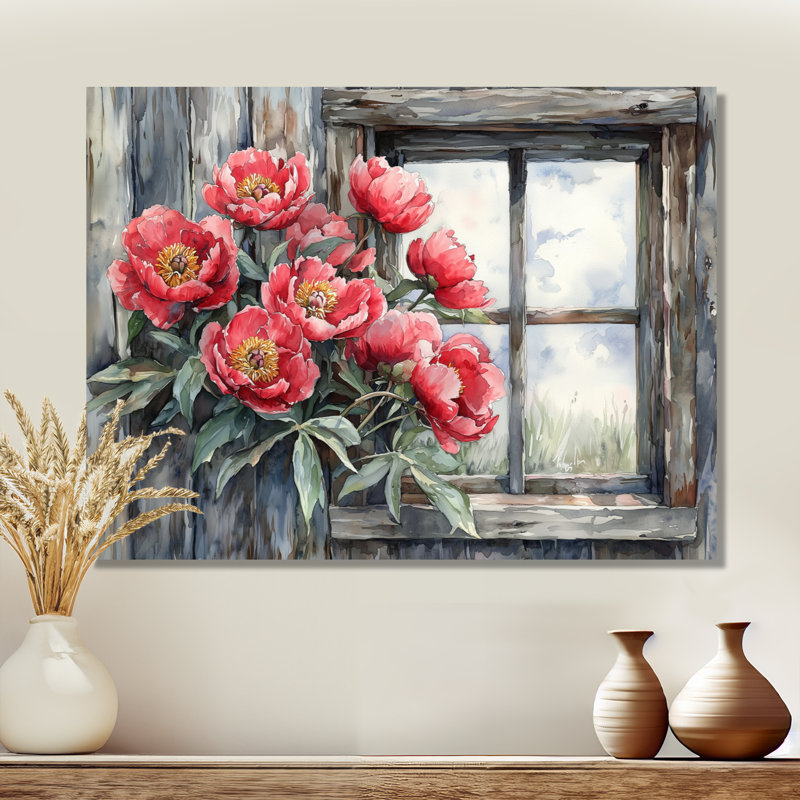 «Dontarious Pe pivons At The Barn Window I», art mural pivoines, H 34 po x l 44 po, Toile tendue, Ne s’applique pas