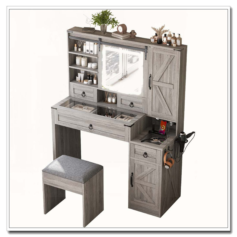 Farmhouse Vanity Desk With Sliding Mirror And Lights, Vanity Set With Glass Top And Charging Station ,Dressing Table With 4 Drawers And 2 Cabinets, Dressing Table With Stool For Bedroom