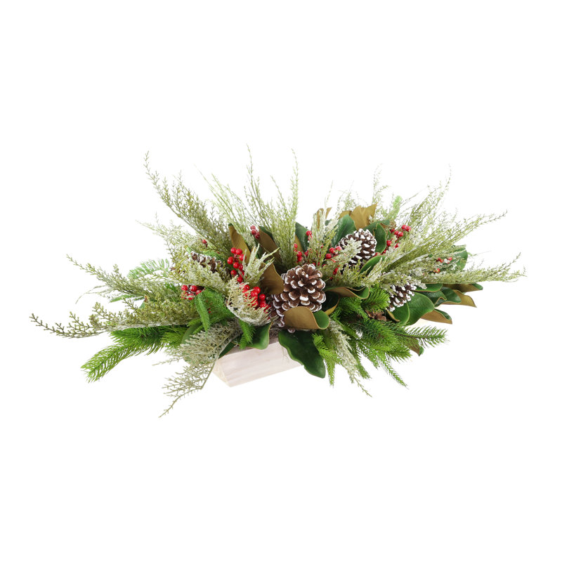 Holiday Arrangement with Wintry Greens, Magnolia Leaves and Berries
