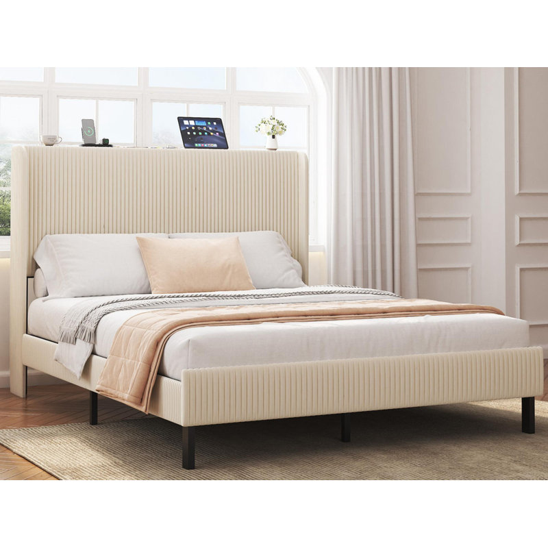 Lit plateforme grand, cadre de lit en métal avec station de charge, assemblage facile, Grand lit