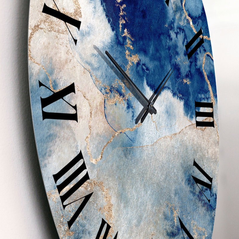 Horloge murale moderne bleu et or - nuages en marbre III, Petit