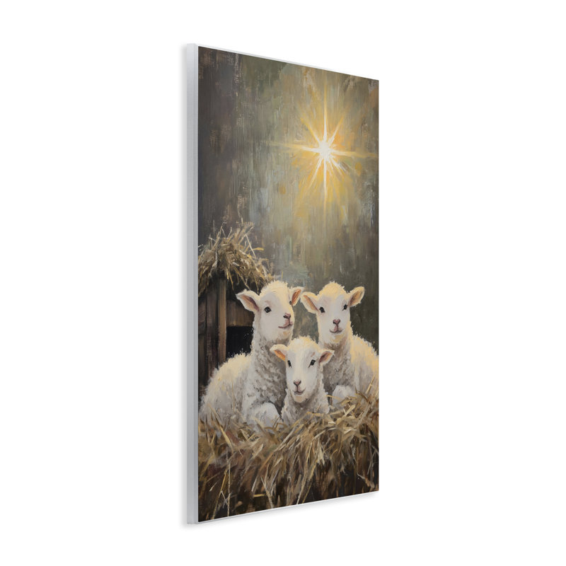 «Festive Lambs in Stable», plaque murale par Petal Prints Design, H 19 po x l 13 po