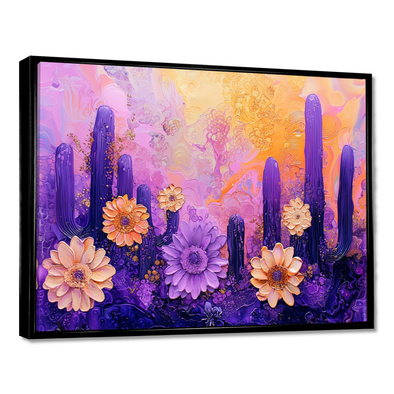 Paysage de rêve, paysage de cactus lavande - art mural floral cactus, 12" H x 20" W, Noir