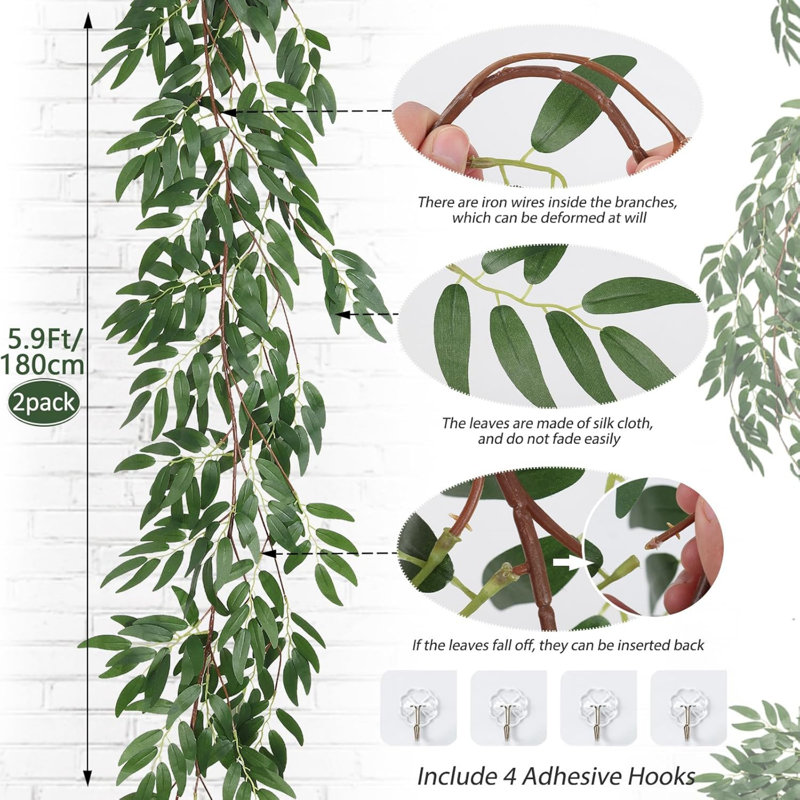 Artificial Willow Leaves Vine Twigs 2Pcs 5.7Ft Fake Hanging Ivy Plants Silk Green Leaf Rattan Garland Greenery Decor for Indoor Outdoor Home Wedding Arch Jungle Beach Birthday Party Garden