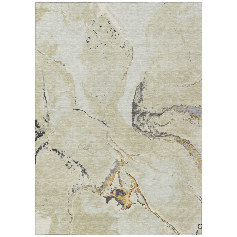Ivory Abstract Washable Synthetic Rectangular Rug 3' x 5'