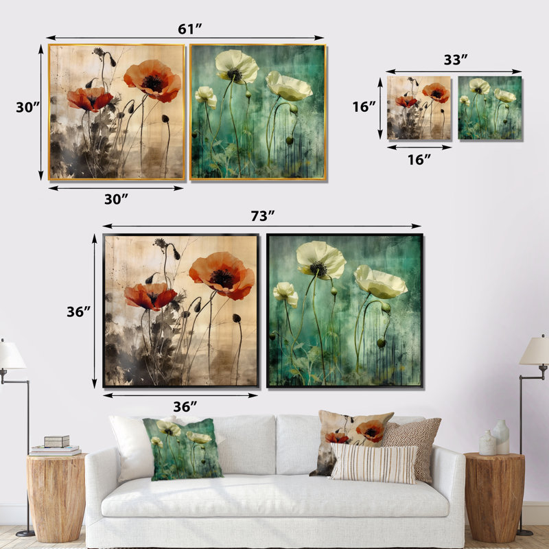 «Emerald Vibrant Poppies», 2 pièces, Cadre flottant noir, H 16 po x l 33 po