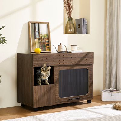 Walnut Cat Litter Box - Practical Design & Spacious For Pet Care With Walnut Sidetable Use