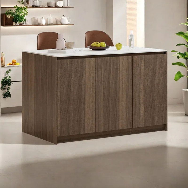 Kitchen Island with Marble Top and Solid Wood Base, Brown