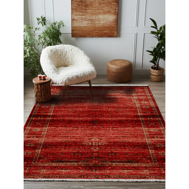 Susan Red Oriental Machine Printed Cotton Polyester Area Rug, Round 3'4"