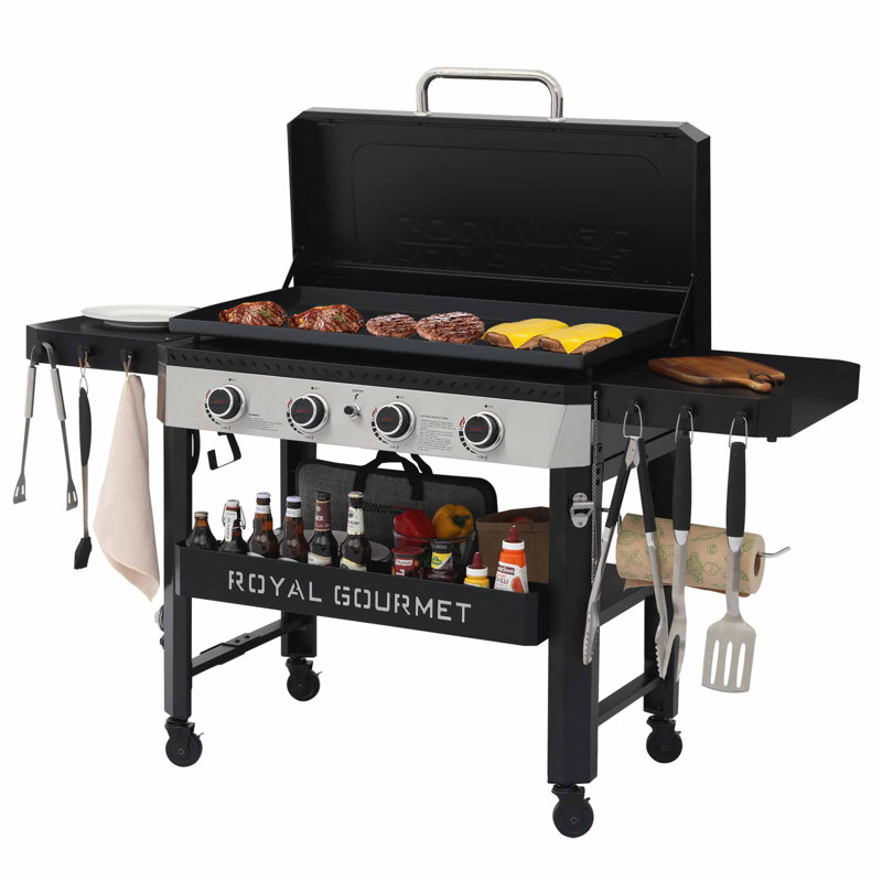 Plaque chauffante au propane de 34 pouces à 4 brûleurs avec hotte, noir et argent Royal Gourmet