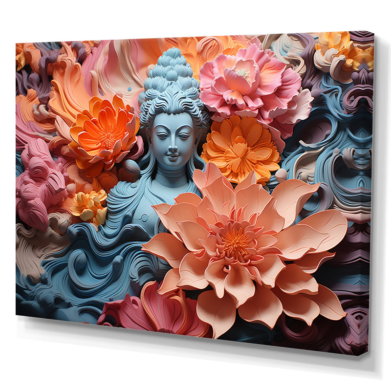 Statue de bouddhisme en fleurs I - décoration murale bouddhisme, H 16 po x l 32 po x P 1 po, Toile tendue