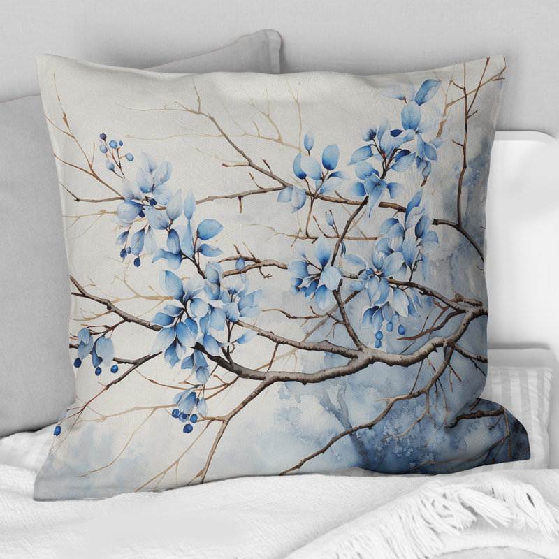 Coussin bleu et gris à motif de feuilles sur une branche, 16" x 16"