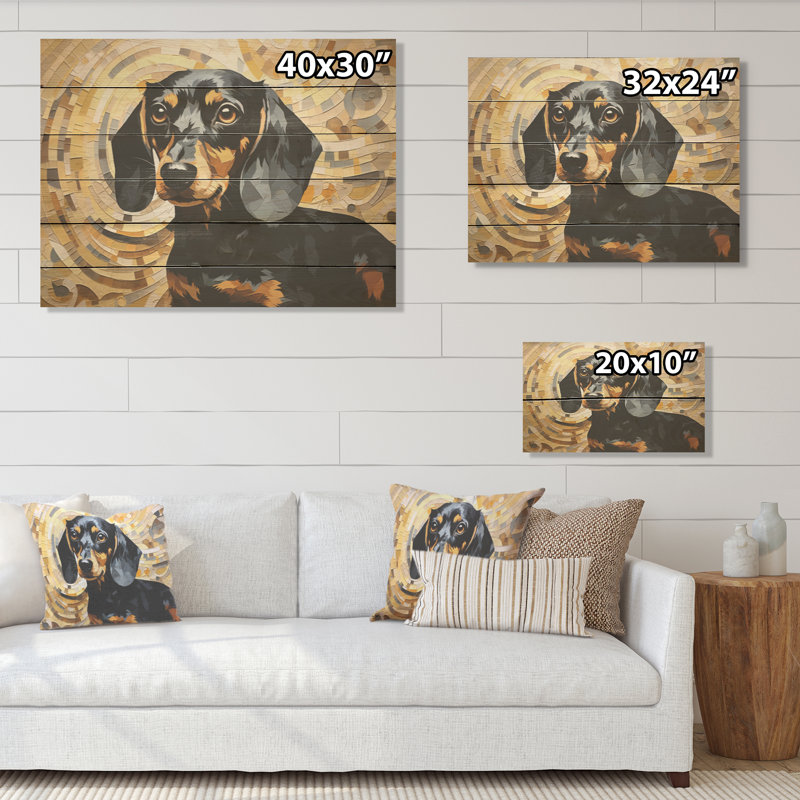 Drôle de portrait de Daschund I - chien, art mural sur bois de pin naturel, H 24 po x l 32 po