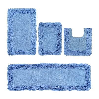 Ensemble de tapis de bain 100% coton 1775 g / m² 4 pièces Courson Premium, certifié OEKO-TEX®, envers en latex antidérapant, motif de volants touffetés moelleux, super absorbant, tapis de salle de bain lavables à la machine, bleu