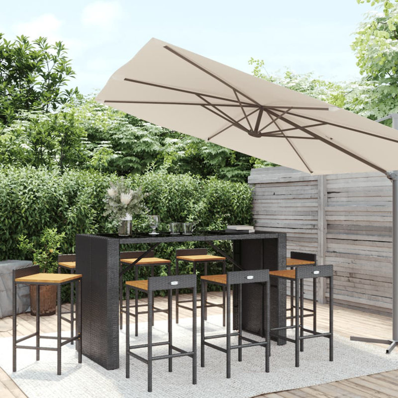 Alekzandra 9 Piece Garden Bar Set Grey Poly Rattan& Solid Wood Acacia, Black