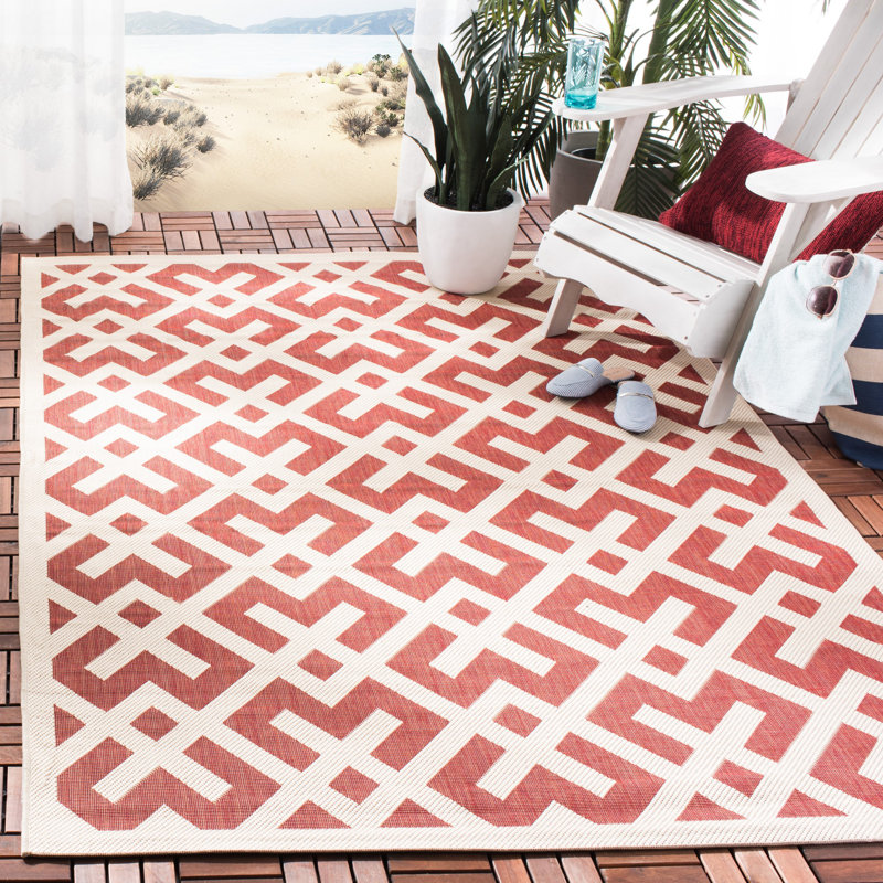 Arneshia Geometric Flatweave Red/Bone Area Indoor/Outdoor Area Rug, Rectangle 6'7" x 9'6"