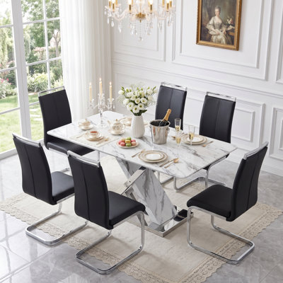 7-Piece Modern Rectangular Faux Marble Dining Set with Cantilever Chairs