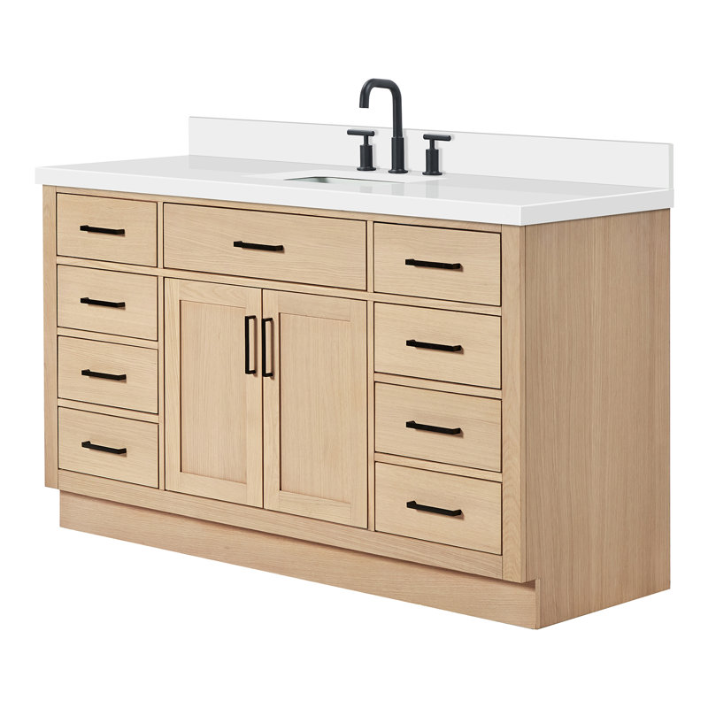 Meuble-lavabo simple en bois massif Tidworth avec plateau en quartz blanc de 1,5 po, Chêne naturel, Forme rectangulaire