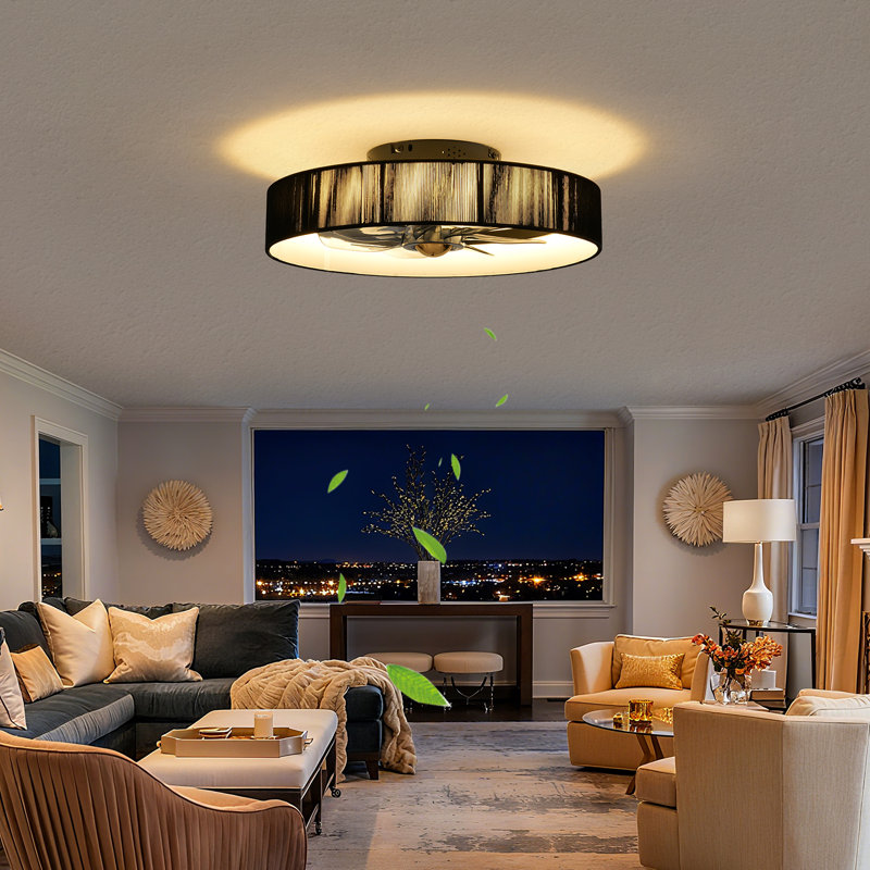 20" Caged Ceiling Fan With Light Flush Mount Low Profile Fabric Farmhouse Bladeless Ceiling fan With Remote Control,Modern Enclosed Ceiling Fans with Remote APP Control Quiet DC Motor Timer, Black Brushed Modern Industrial, For Bedroom
