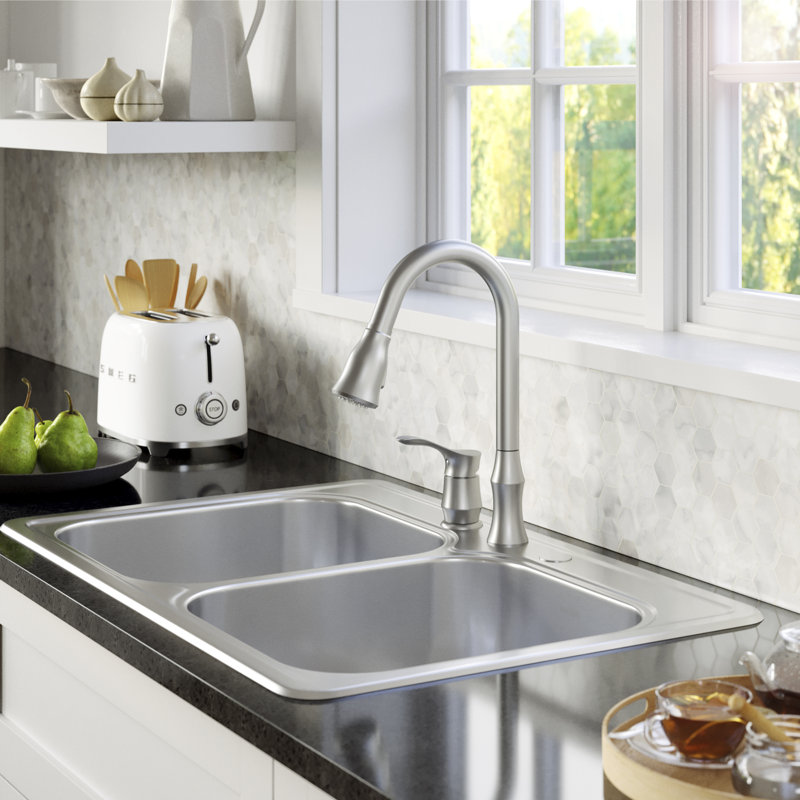 Karran 18-Gauge Stainless Steel 33'' X 22'' 50/50 Double Bowl Drop-in Kitchen Sink Kit