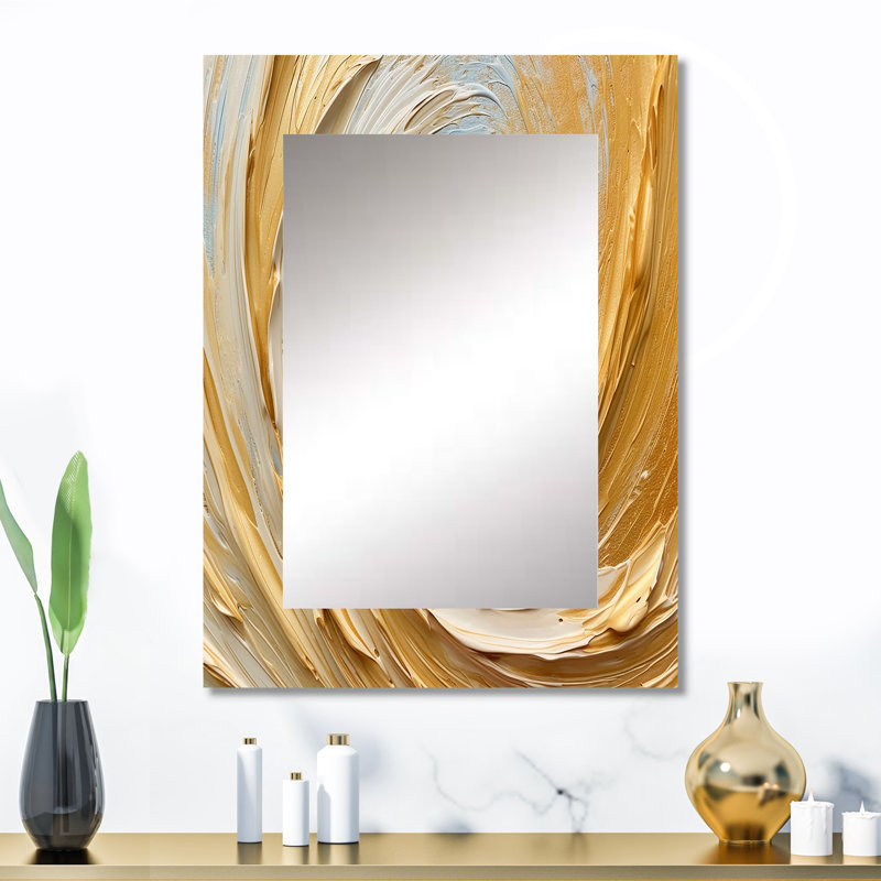 Gold Cream Infinite Swirls II - Abstract Spirals Decorative Mirror, Gold Large Wall Mirror, Printed Metal Art, 32" x 24"
