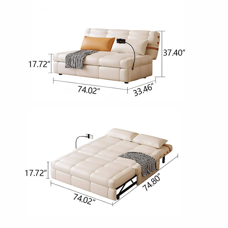 Canapé-lit blanc en cuir griffé avec coussins, H 37,4 po x l 74,02 po x P 33,46 po