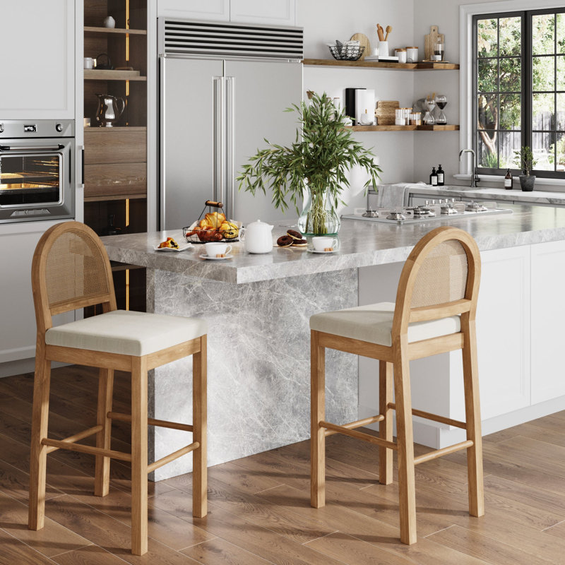 Tabouret de bar rembourré Boucle avec dossier en rotin tissé, Crème / brun clair, 1
