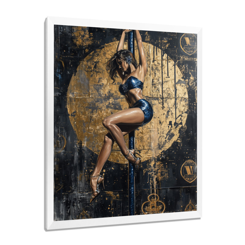 «Long Legs And Pole Dancing» - Décoration murale femme à rayures, Cadre simple blanc, H 40 po x l 30 po