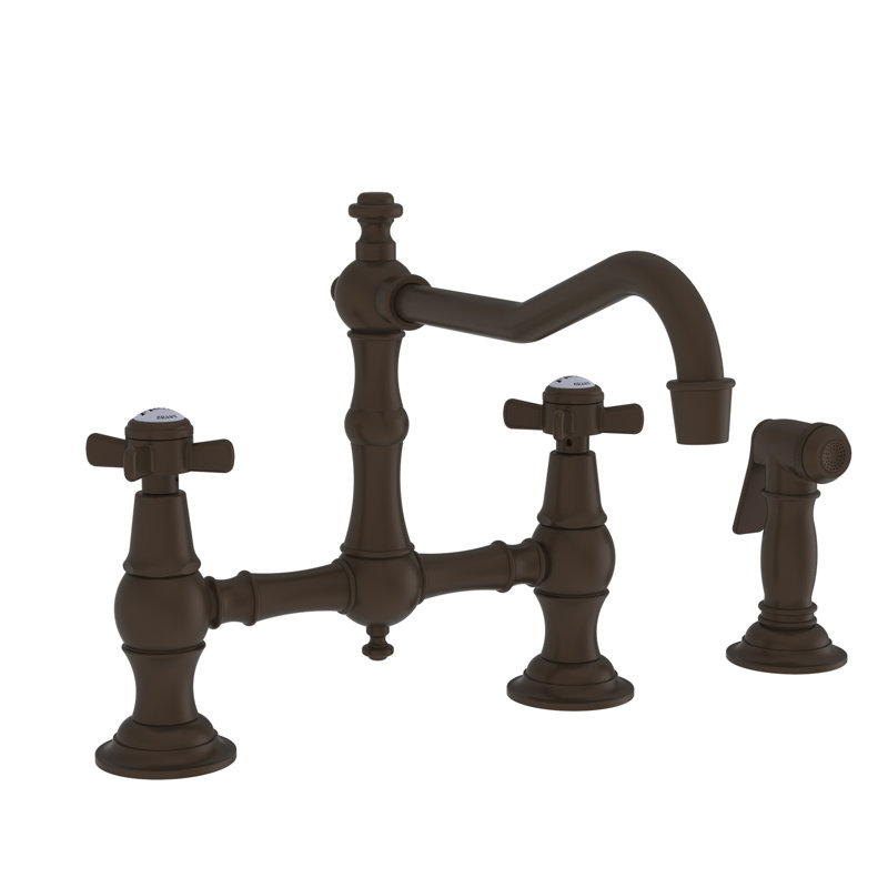 Chesterfield Kitchen Bridge Faucet with Side Spray, Matte White, Cross