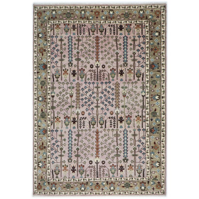 Tapis transitionnel rose en laine noué à la main 10 po x 14 pi 2 po Oushak