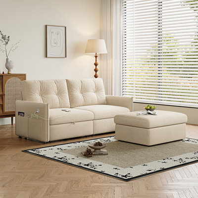 69.7" Convertible Sleeper Sofa with Pull-Out Bed, Storage Ottoman, Corduroy Upholstery, 2-in-1 Sofa Bed for Living Room & Bedroom, Beige